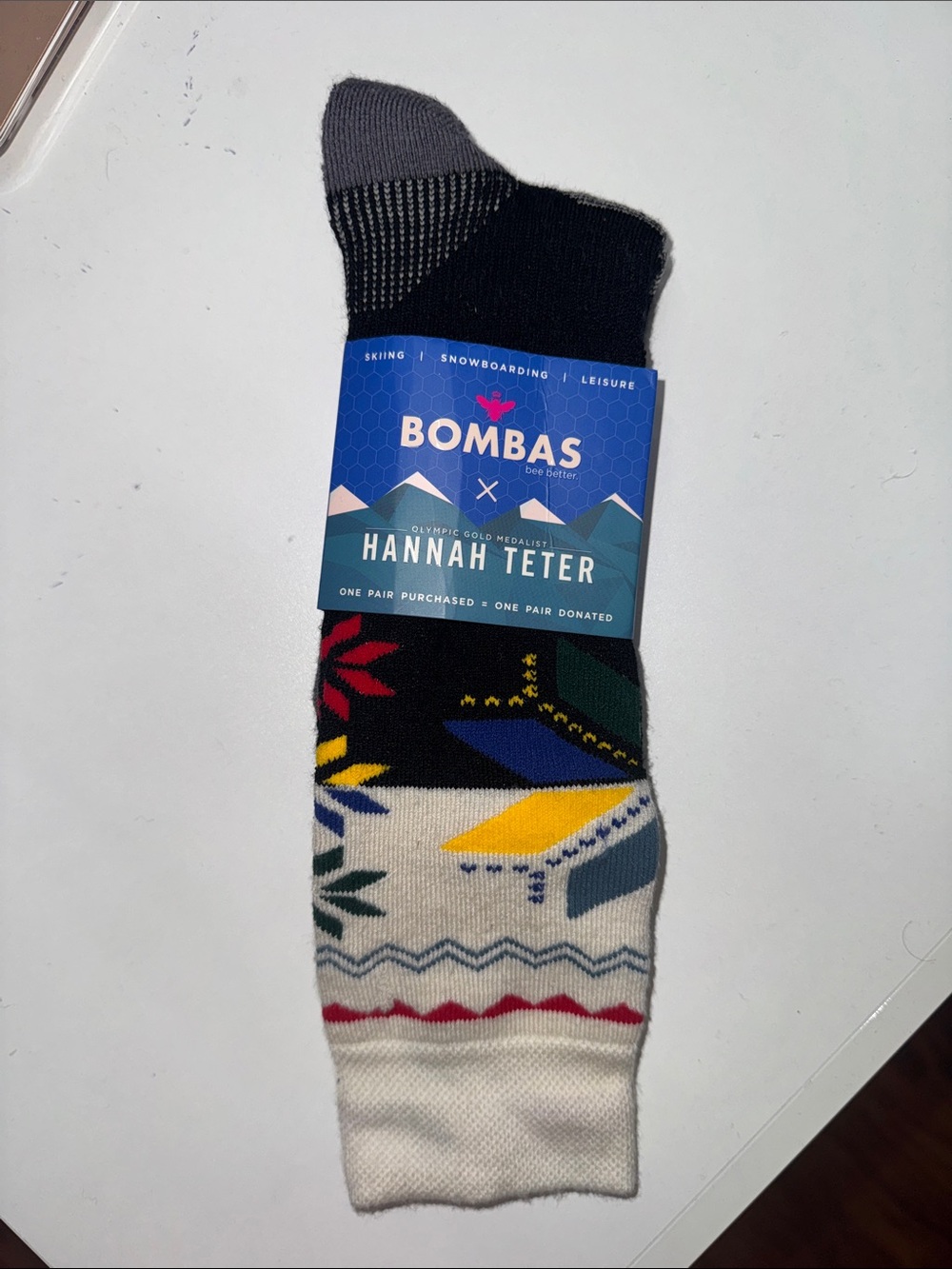 Bombas X Hannah Teter Crew Socks in Black, White, Yellow and Blue